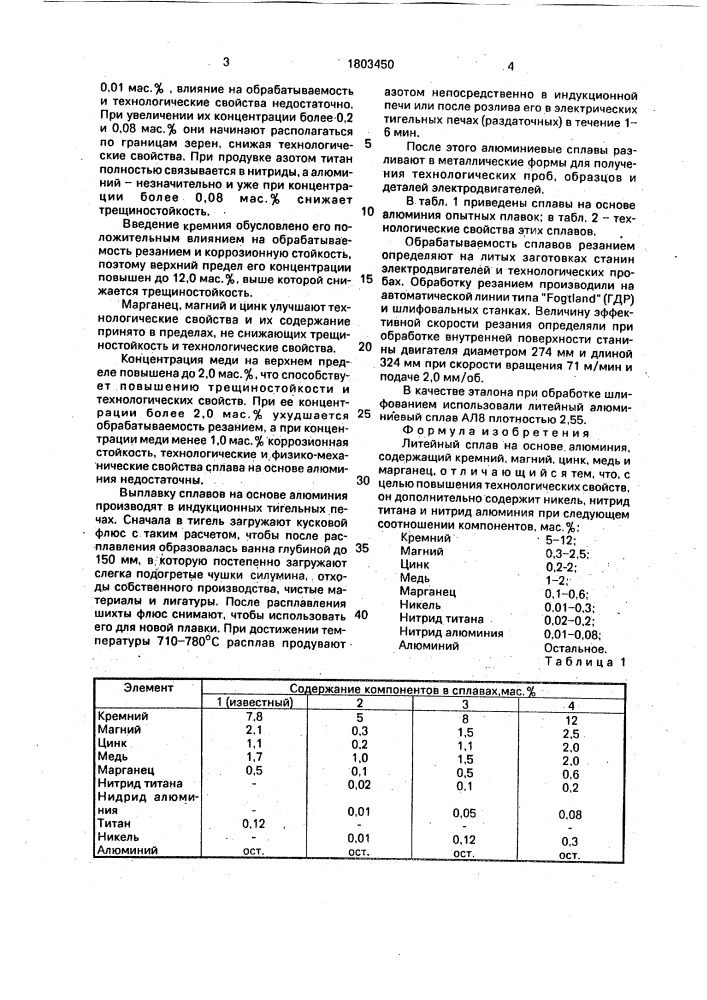 Литейный сплав на основе алюминия (патент 1803450)