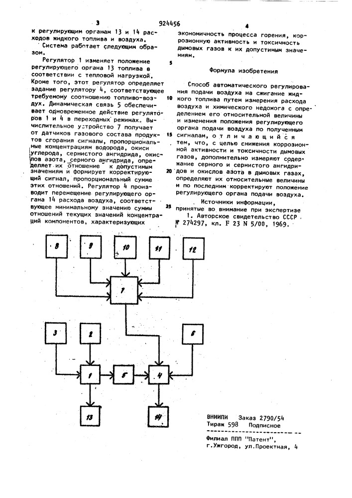 Способ автоматического регулирования подачи воздуха на сжигание жидкого топлива (патент 924456)