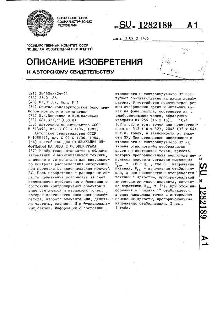 Устройство для отображения информации на экране осциллографа (патент 1282189)