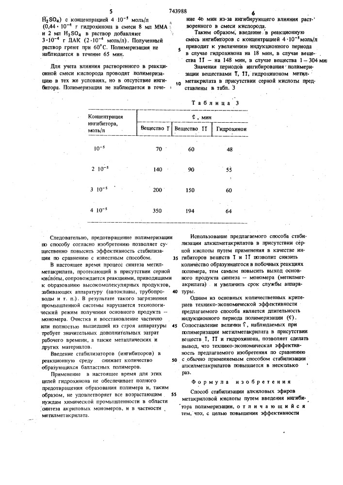 Способ стабилизации алкиловых эфиров метакриловой кислоты (патент 743988)
