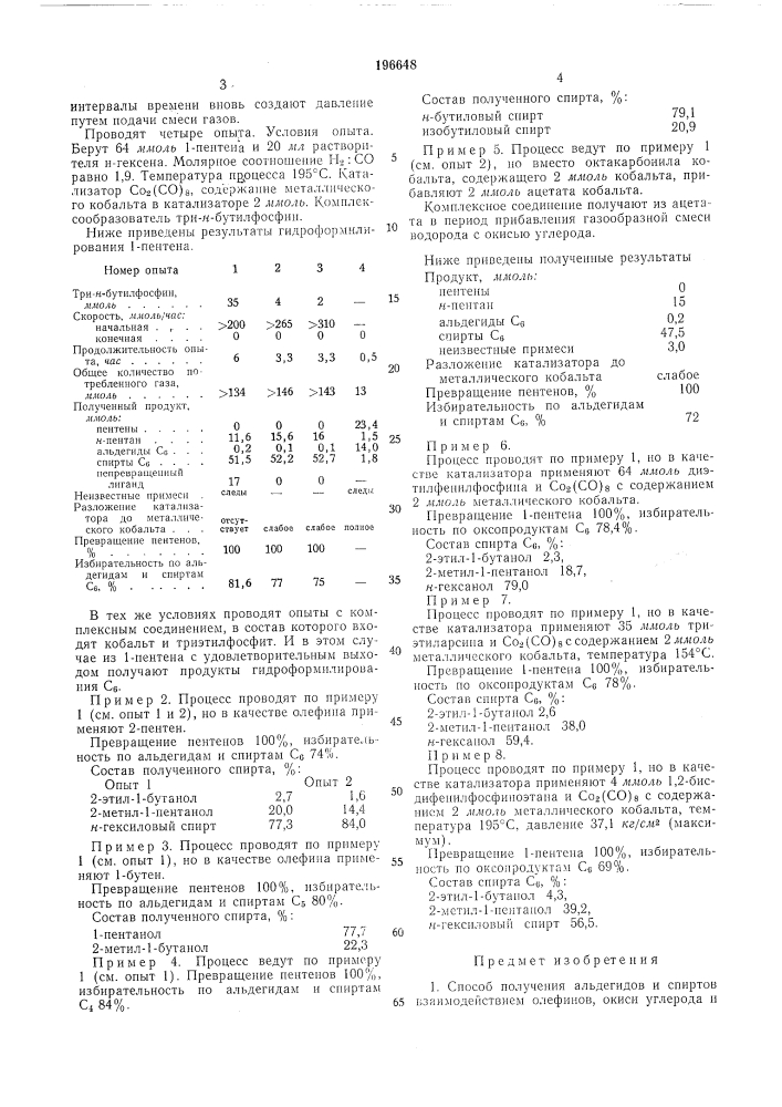 Способ получения альдегидов и спиртов (патент 196648)