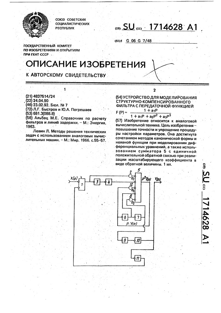 Устройство для моделирования структурно-компенсированного фильтра с передаточной функцией f(р) = @ (патент 1714628)