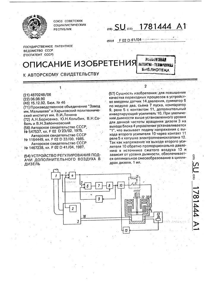 Устройство регулирования подачи дополнительного воздуха в дизель (патент 1781444)