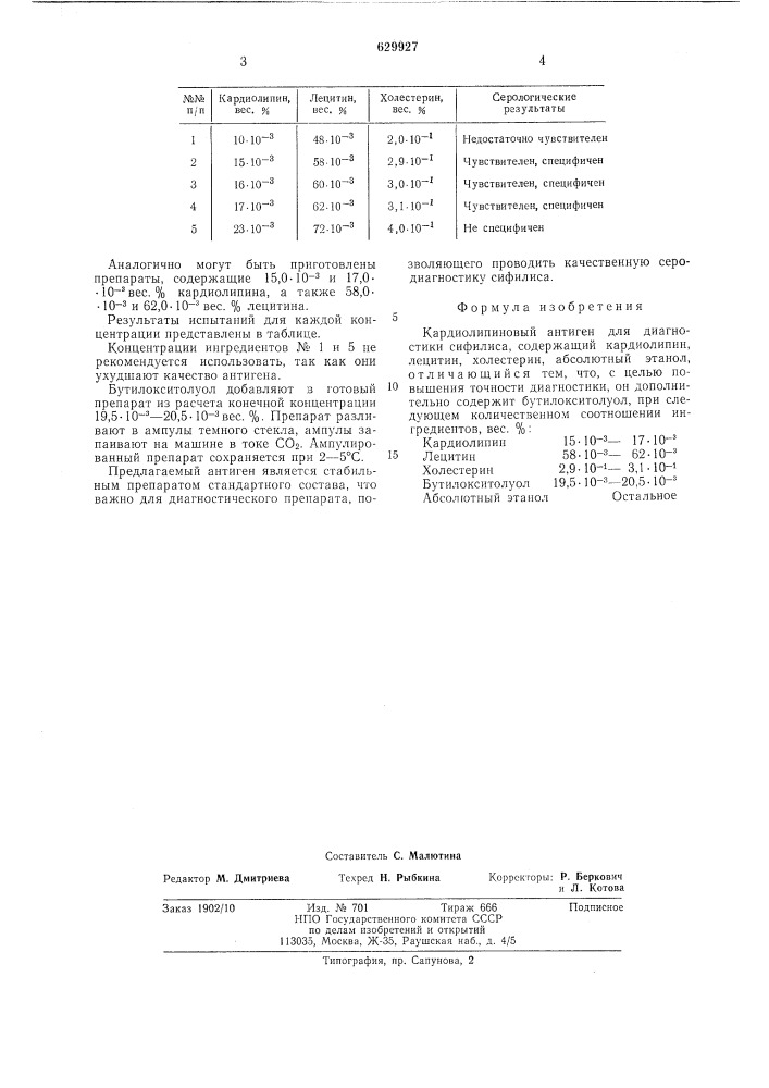 Кардиолипиновый антиген (патент 629927)
