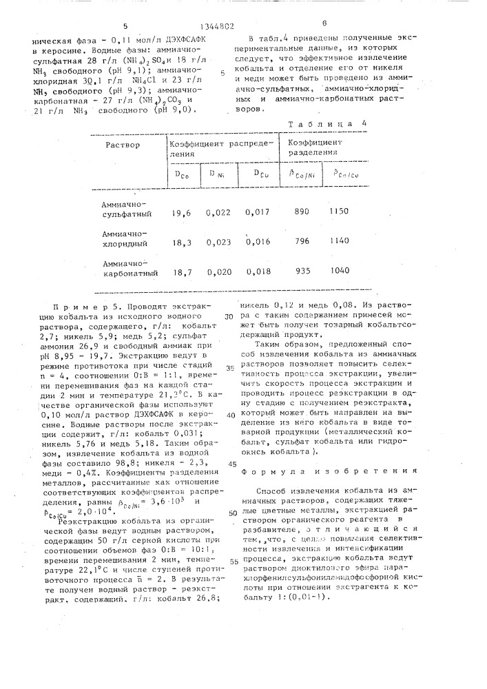 Способ извлечения кобальта из аммиачных растворов (патент 1344802)