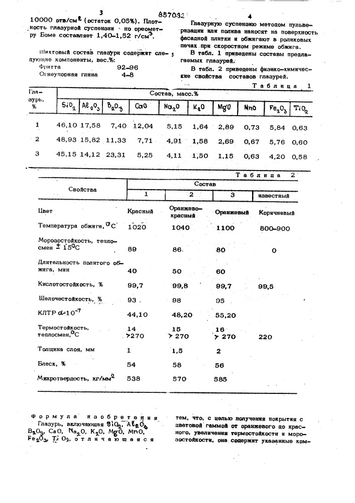 Глазурь (патент 857032)