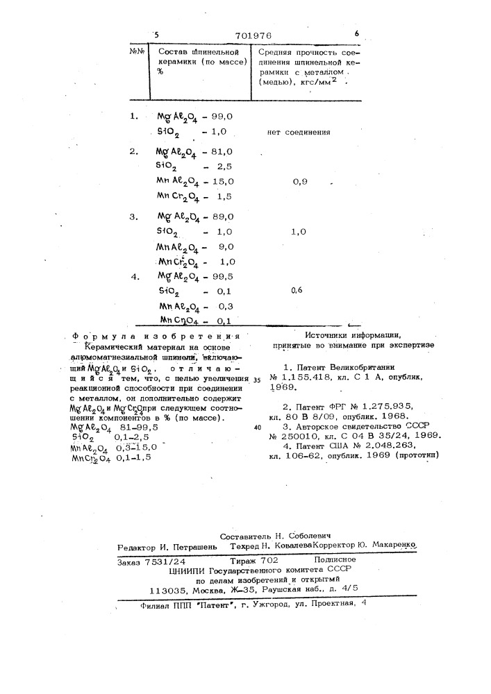 Керамический материал (патент 701976)