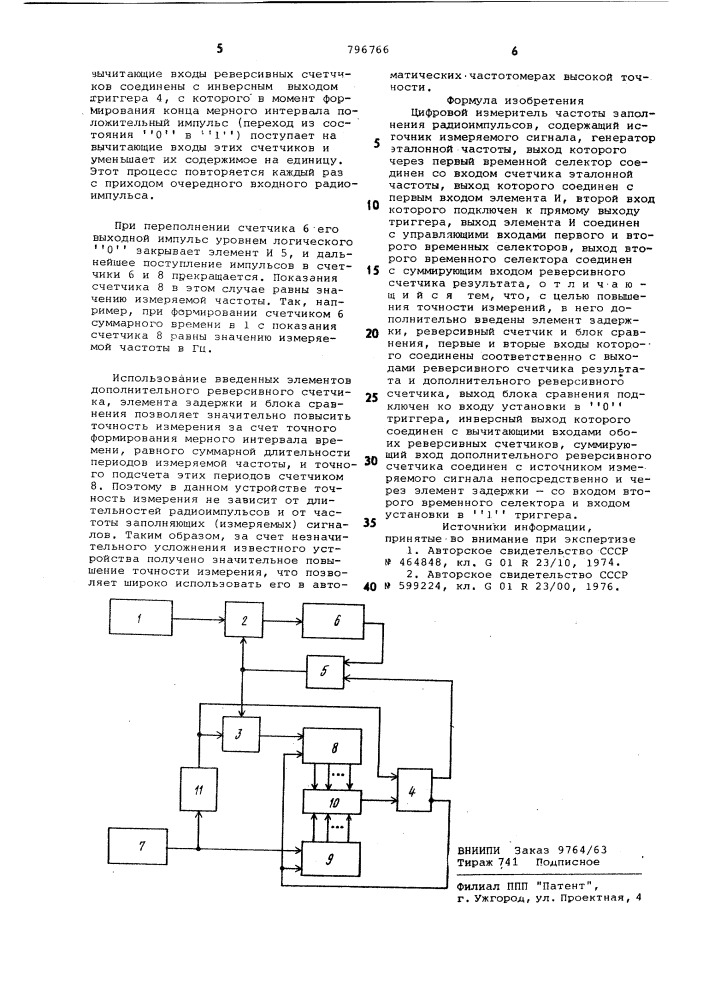 Цифровой измеритель частоты запол-нения радиоимпульсов (патент 796766)