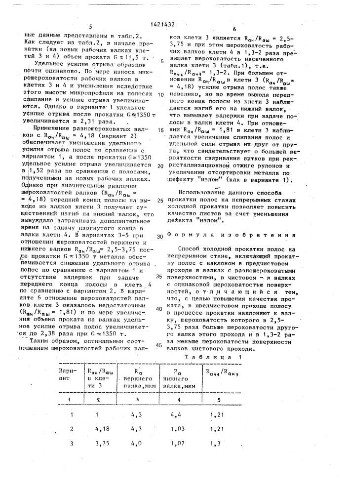 Способ холодной прокатки полос на непрерывном стане (патент 1421432)