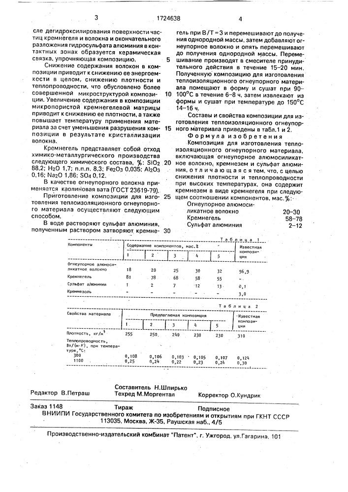 Композиция для изготовления теплоизоляционного огнеупорного материала (патент 1724638)