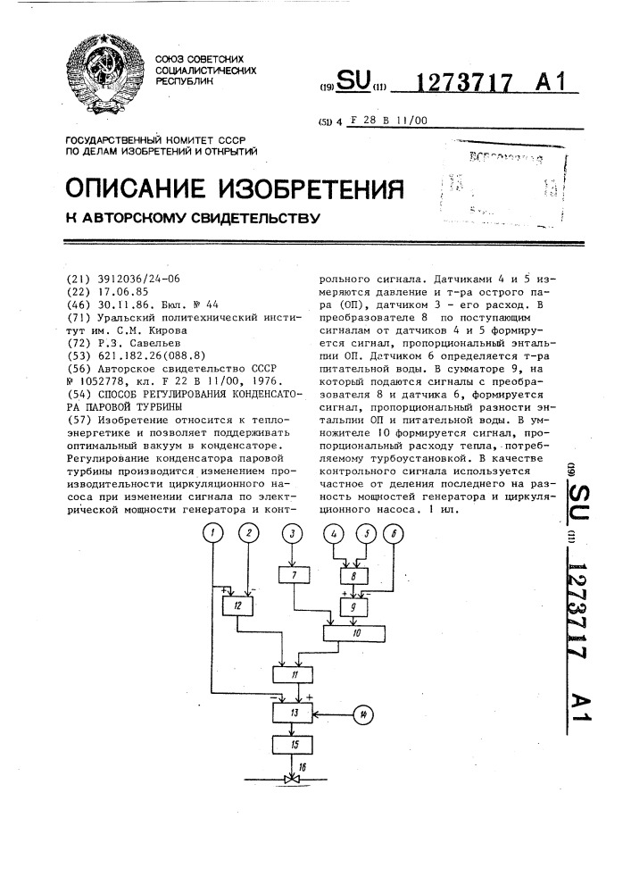 Способ регулирования конденсатора паровой турбины (патент 1273717)