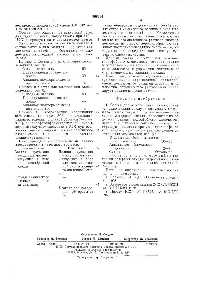 Состав для изготовления слюдоволокнита (патент 568694)