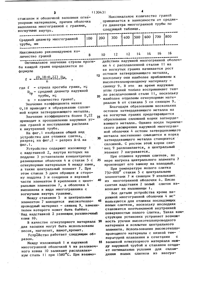 Устройство для отливки полого слитка (патент 1130431)