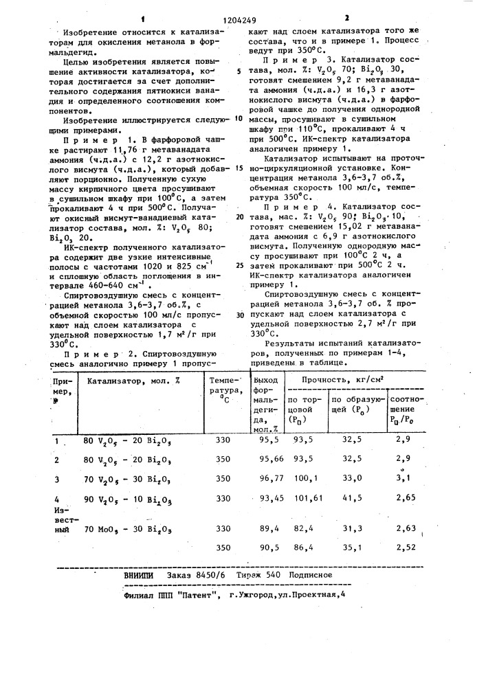 Катализатор для окисления метанола в формальдегид (патент 1204249)