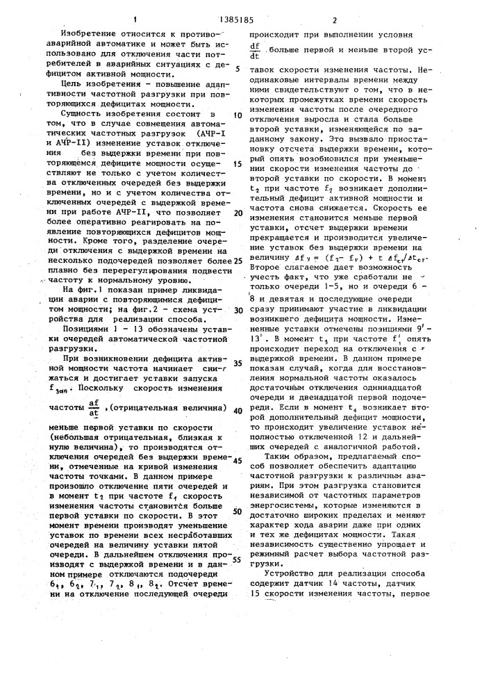 Способ автоматической частотной разгрузки энергосистемы (патент 1385185)