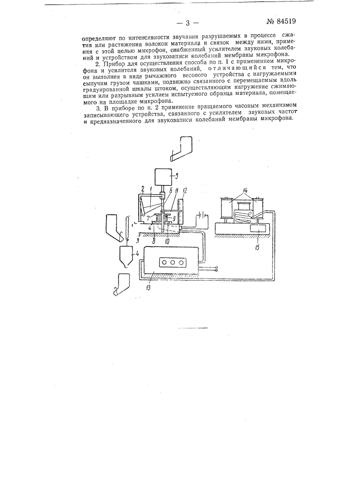 Способ испытания механической прочности и упругих свойств минеральной шерсти и прибор для осуществления указанного способа (патент 84519)