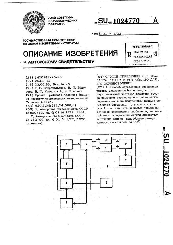 Способ определения дисбаланса ротора и устройство для его осуществления (патент 1024770)