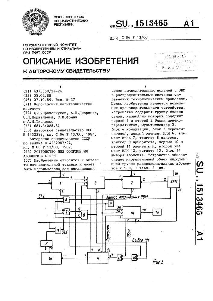 Устройство для сопряжения абонентов с эвм (патент 1513465)