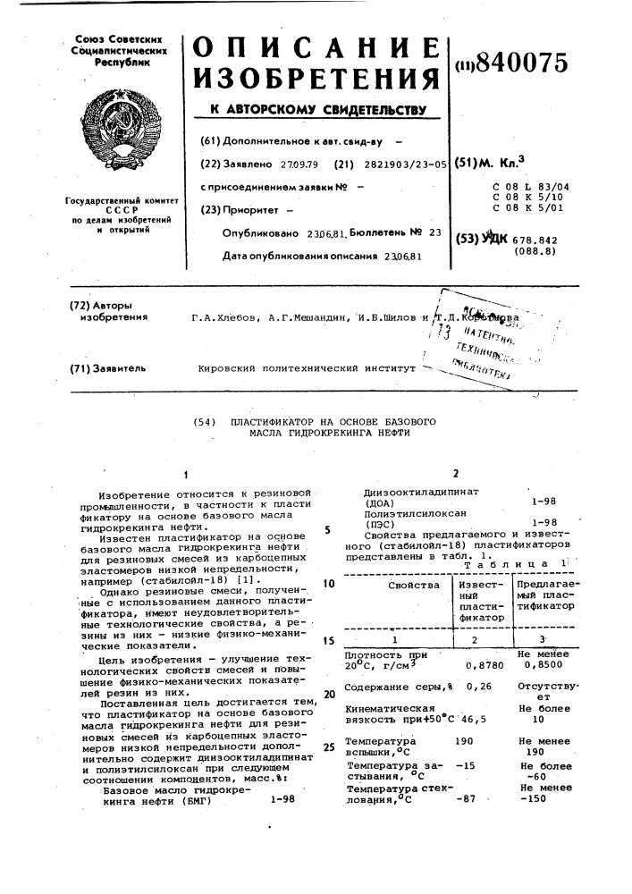Пластификатор на основе базовогомасла гидрокрекинга нефти (патент 840075)