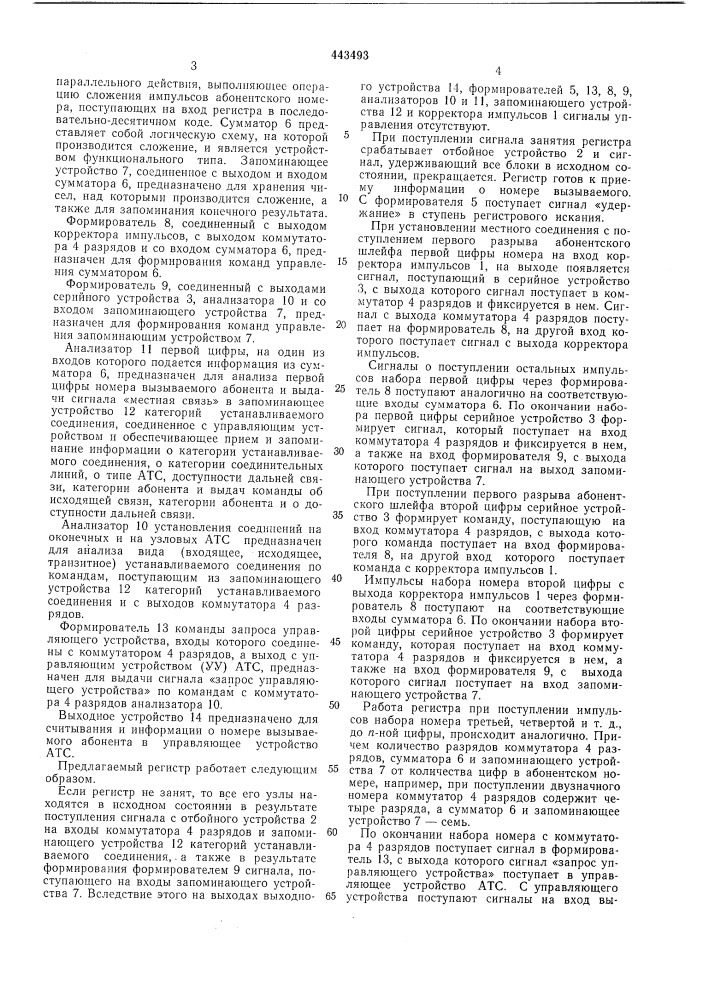 Регистр электронных и квазиэлектронных атс (патент 443493)