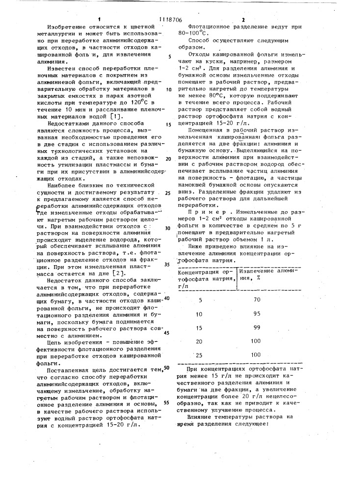 Способ переработки алюминийсодержащих отходов (патент 1118706)