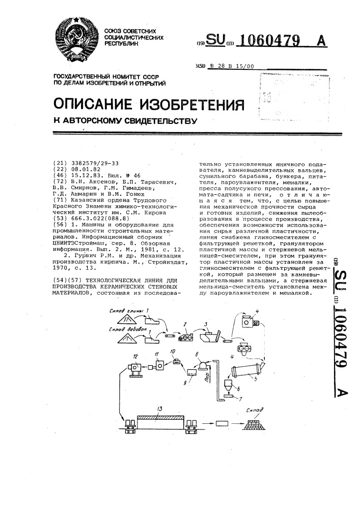 Технологическая линия для производства керамических стеновых материалов (патент 1060479)