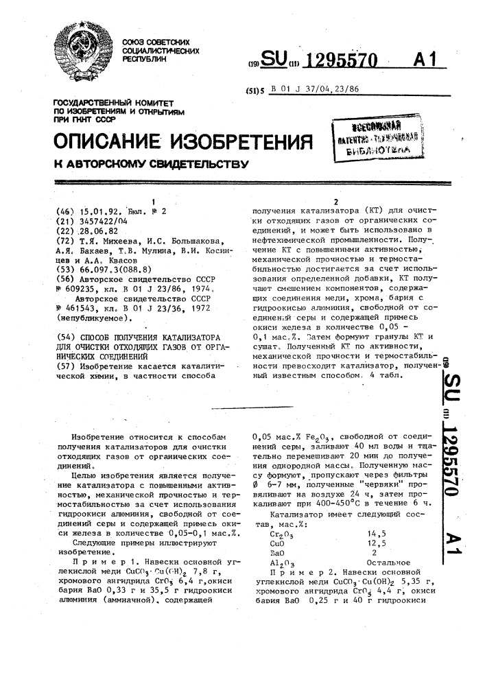 Способ получения катализатора для очистки отходящих газов от органических соединений (патент 1295570)