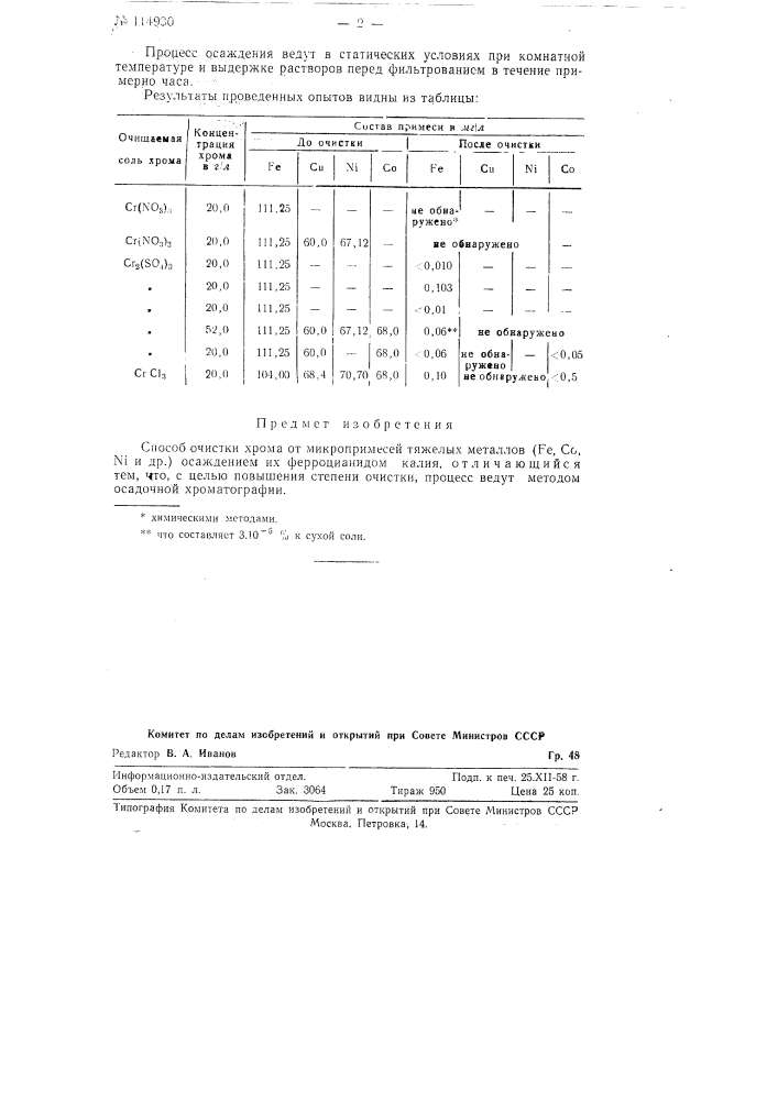 Способ очистки хрома от микропримесей тяжелых металлов (патент 114930)