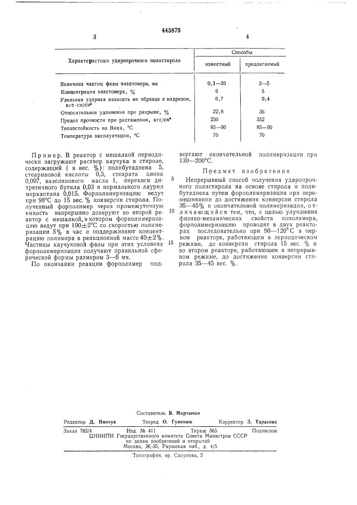 Непрерывный способ получения ударопрочного полистирола (патент 443875)