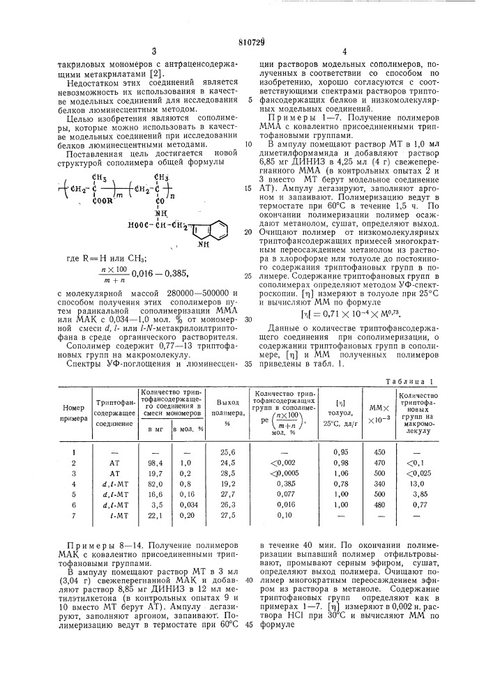 Сополимеры с ковалентно присое-диненными триптофановыми группамив качестве модельных соединений дляисследования белков люминесцентнымиметодами и способ их получения (патент 810729)