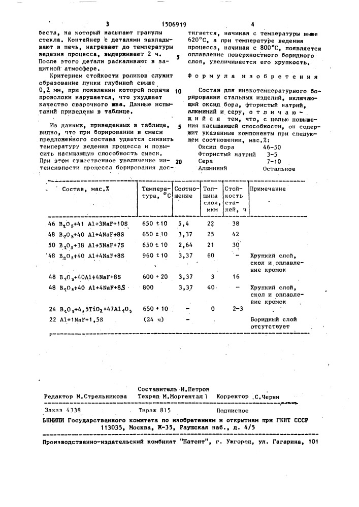 Состав для низкотемпературного борирования стальных изделий (патент 1506919)