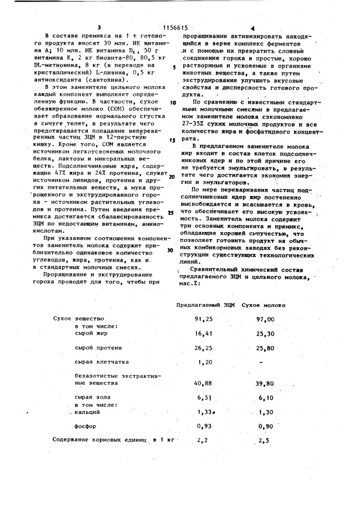 Заменитель цельного молока для молодняка сельскохозяйственных животных (патент 1156615)