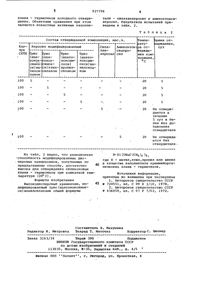 Высокодисперсный кремнезем,модифицированный трис- /ацетоноксимокси/ алкилсиланами,в качестве наполнителя кремнийорганических клеев-герметиков (патент 927798)