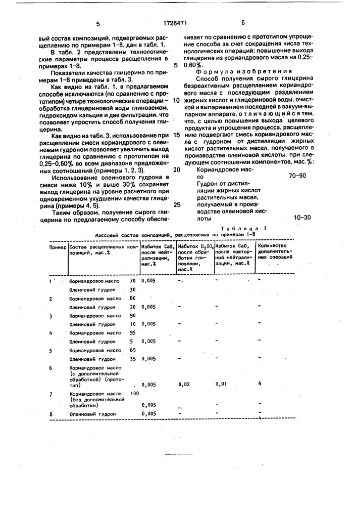 Способ получения сырого глицерина (патент 1726471)
