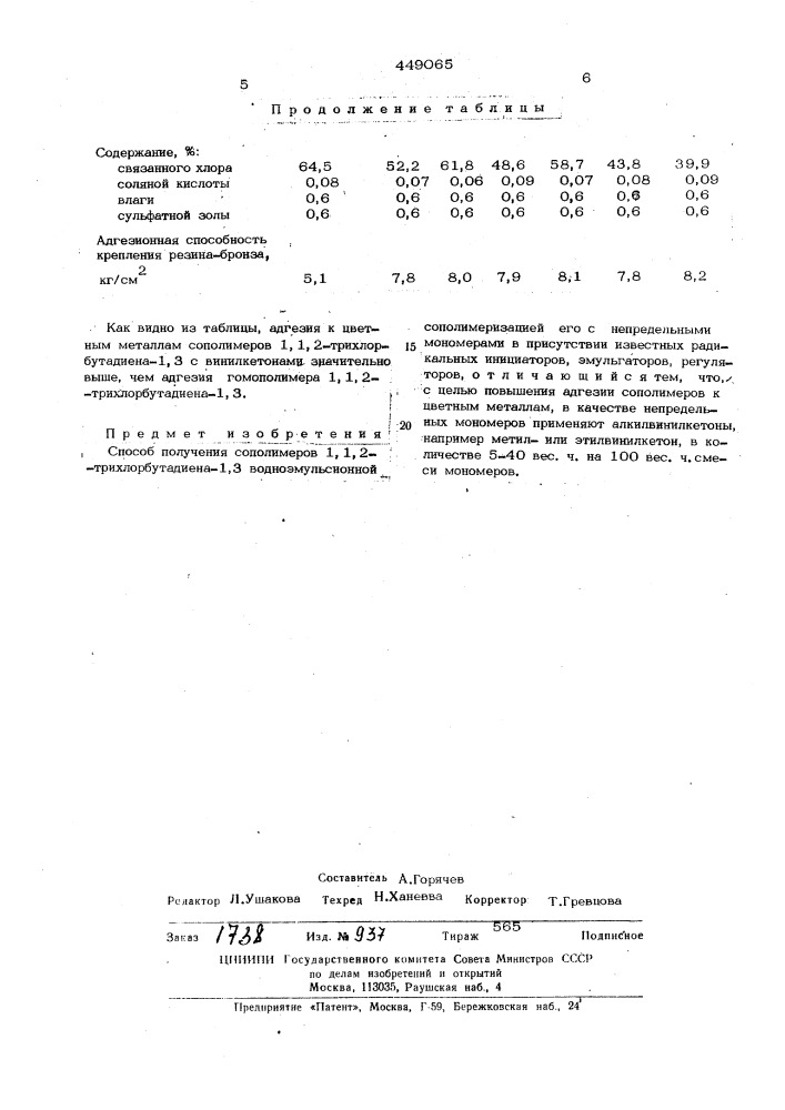 Способ получения сополимеров 1,1,2 -трихлорбутадиена-1,3 (патент 449065)