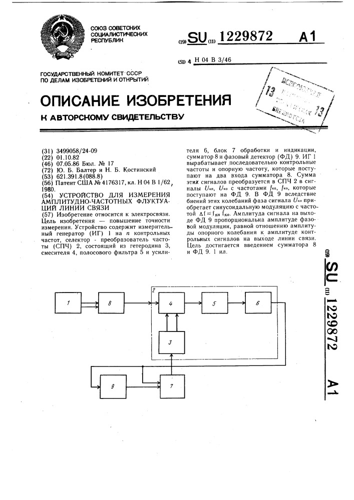 Устройство для измерения амплитудно-частотных флуктуаций линии связи (патент 1229872)