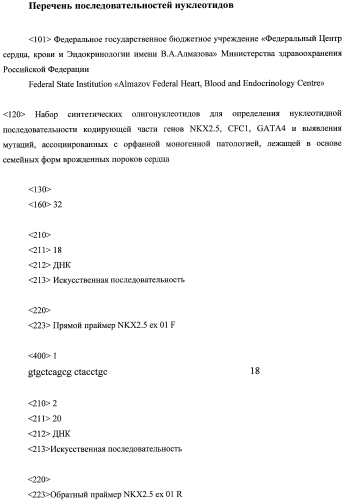 Набор синтетических олигонуклеотидов для определения нуклеотидной последовательности кодирующей части генов nkx2.5, cfc1, gata4 и выявления мутаций, ассоциированных с орфанной моногенной патологией, лежащей в основе семейных форм врожденных пороков сердца (патент 2554056)