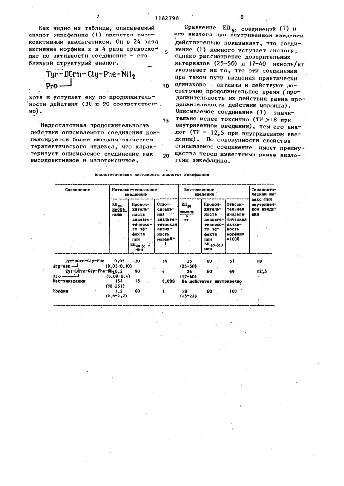 Аналог энкефалина, обладающий анальгетической активностью (патент 1182796)