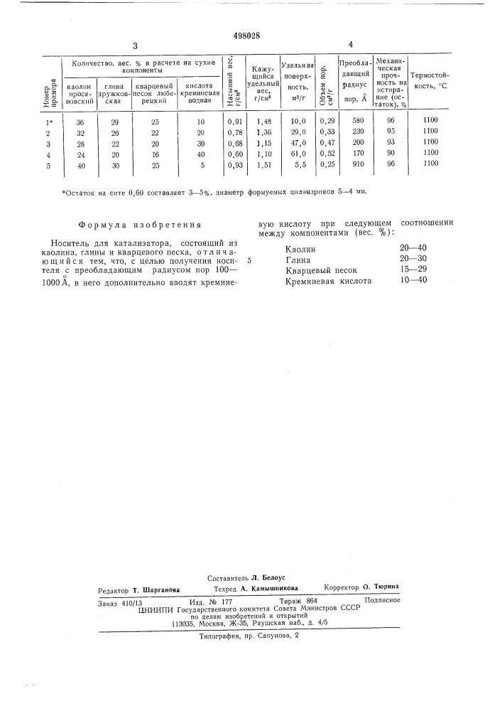 Носитель для катализатора (патент 498028)