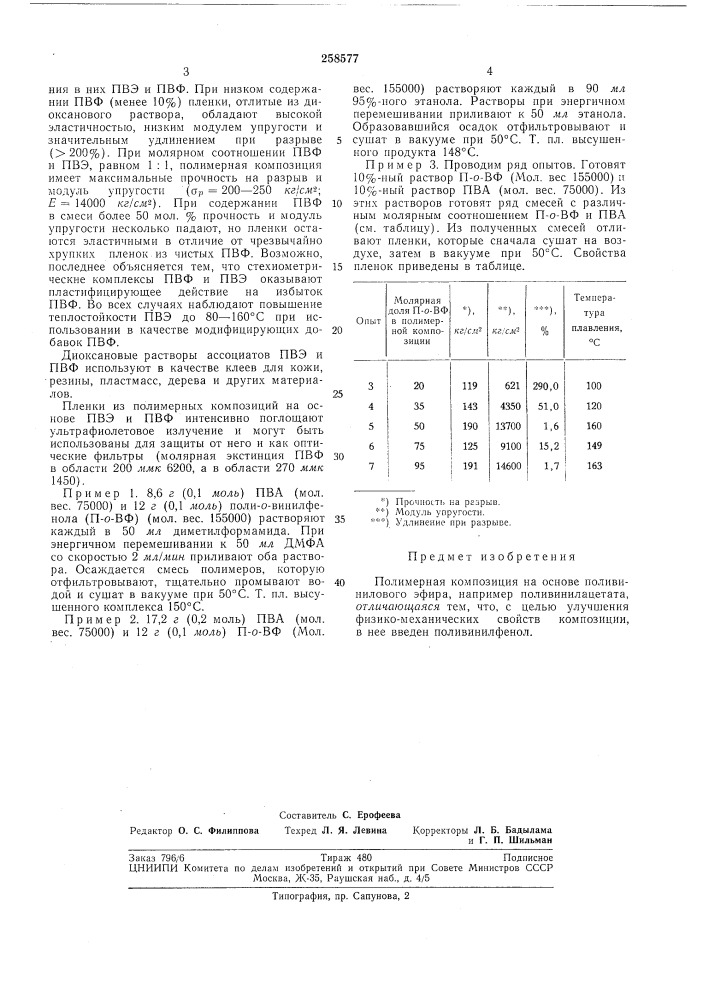 Ерная композиция на основе поливиниловогоэфира (патент 258577)