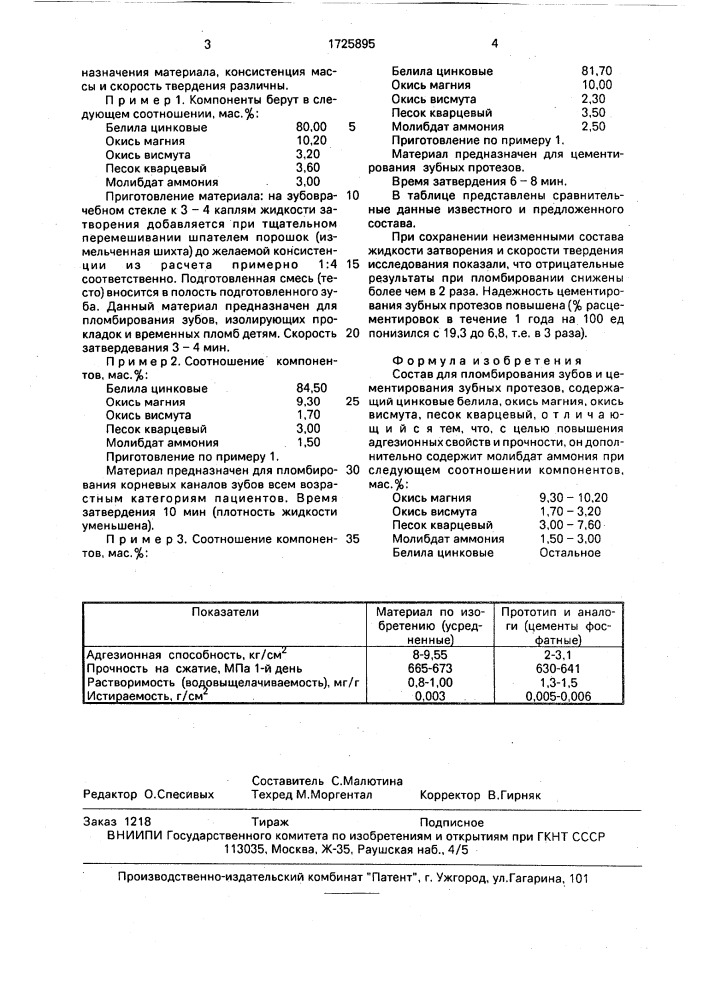 Состав для пломбирования зубов и цементирования зубных протезов (патент 1725895)