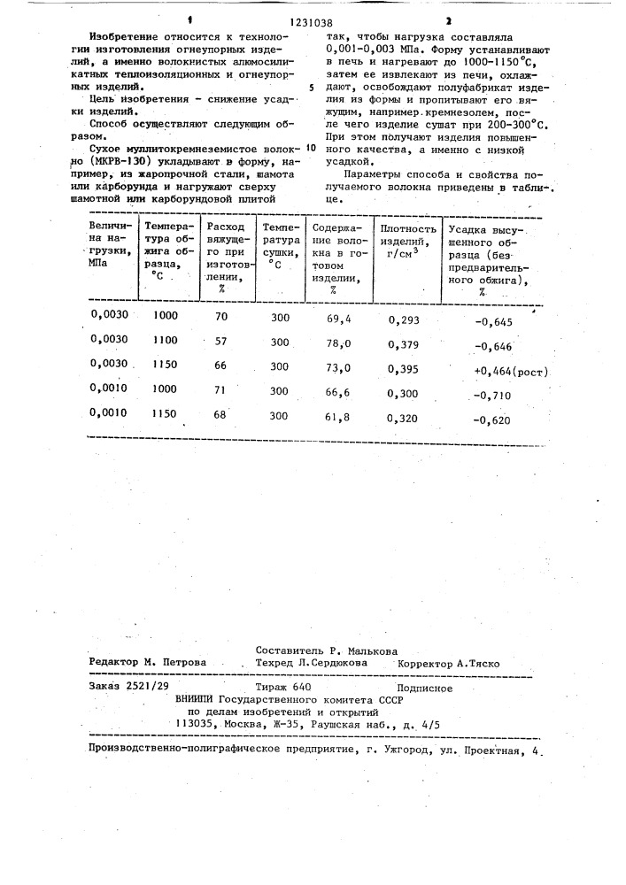 Способ изготовления волокнистых муллитокремнеземистых изделий (патент 1231038)