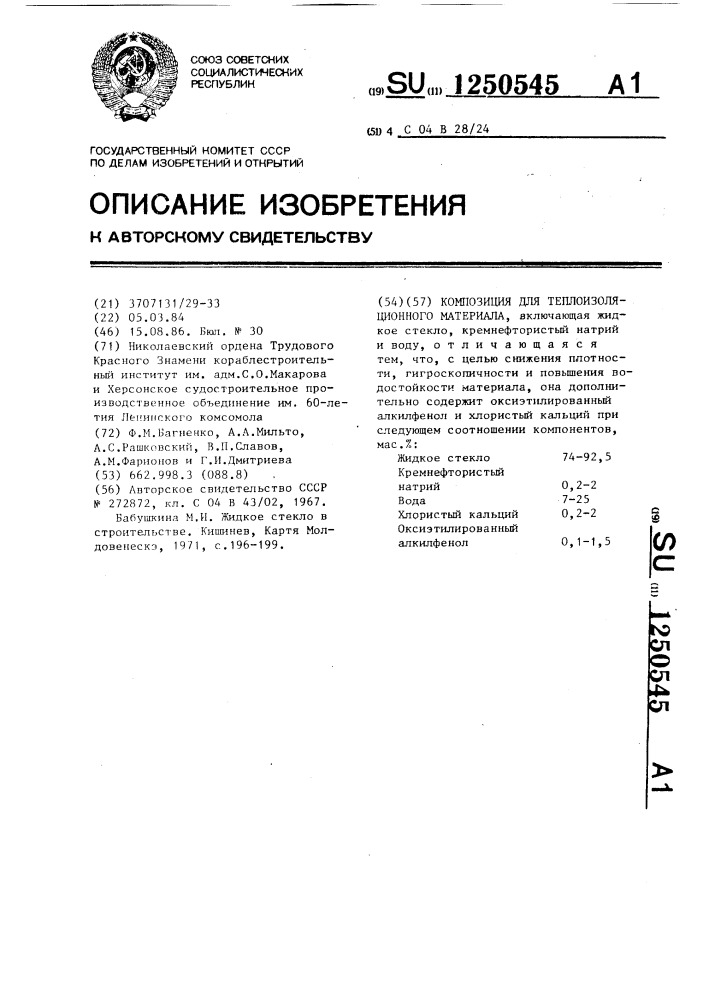 Композиция для теплоизоляционного материала (патент 1250545)