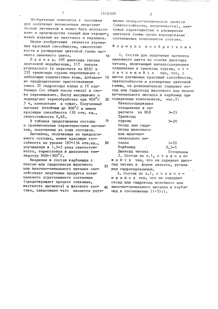 Состав для получения пигмента лимонного цвета на основе диоксида титана (патент 1416500)