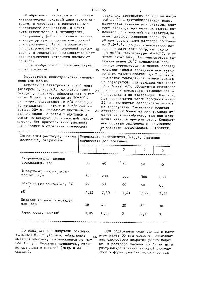 Раствор для бестокового свинцевания (патент 1370155)