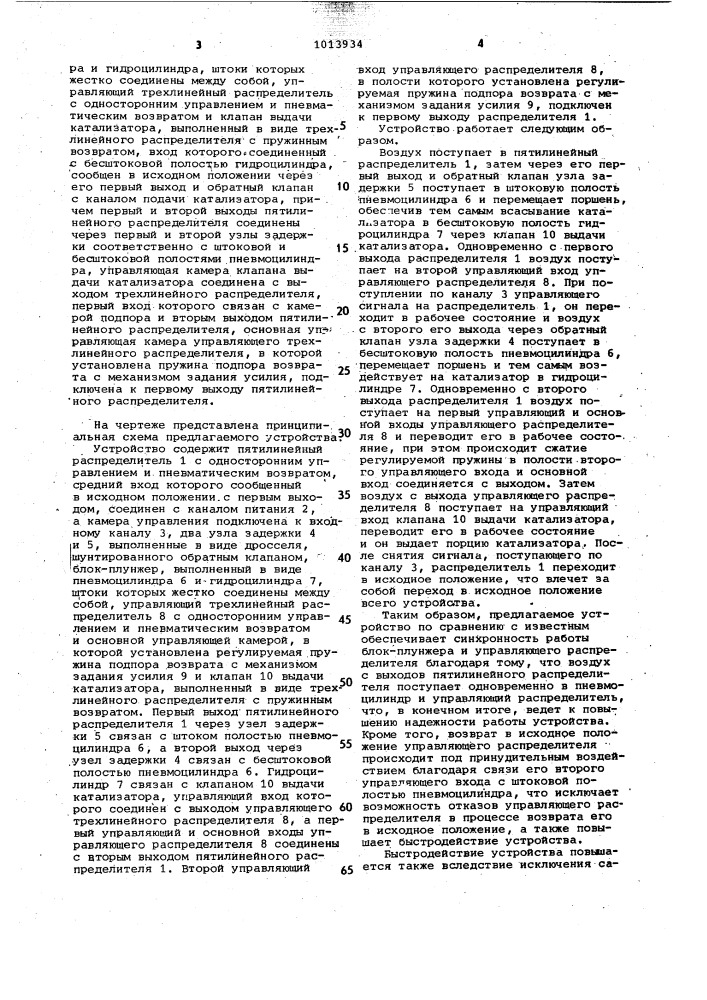 Пневматическое устройство управления дозированием катализатора для стержневой машины (патент 1013934)