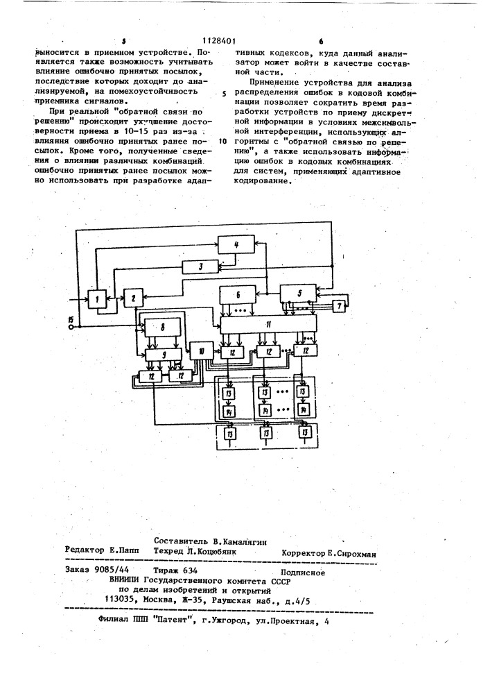 Устройство для анализа распределения ошибок в кодовой комбинации (патент 1128401)