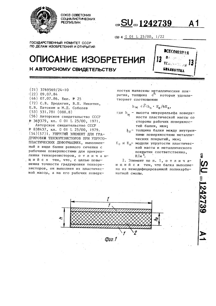 Упругий элемент для градуировки тензорезисторов при упругопластических деформациях (патент 1242739)