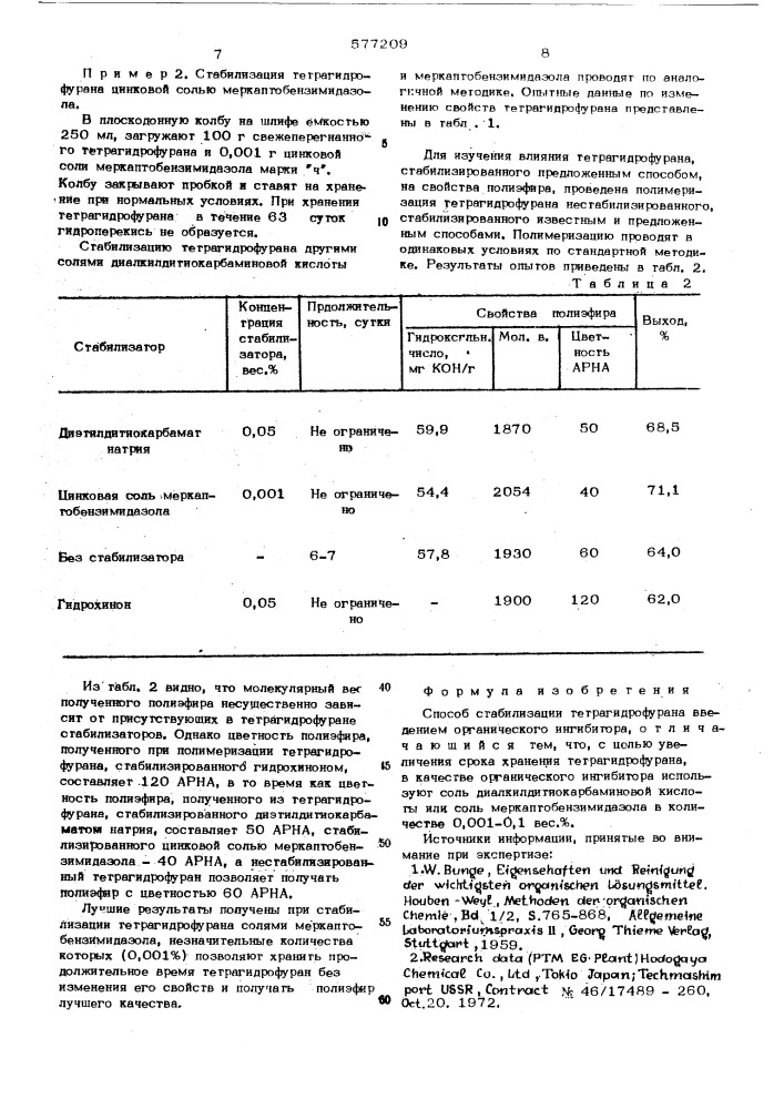 Способ стабилизации тетрагидрофурана (патент 577209)