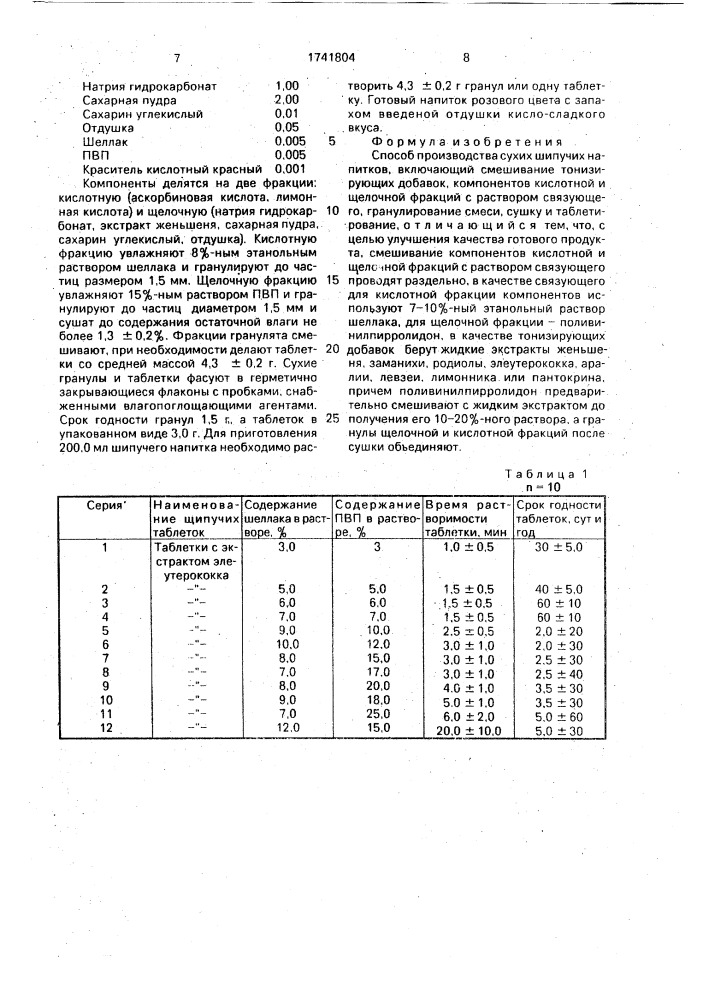 Способ производства сухих шипучих напитков (патент 1741804)